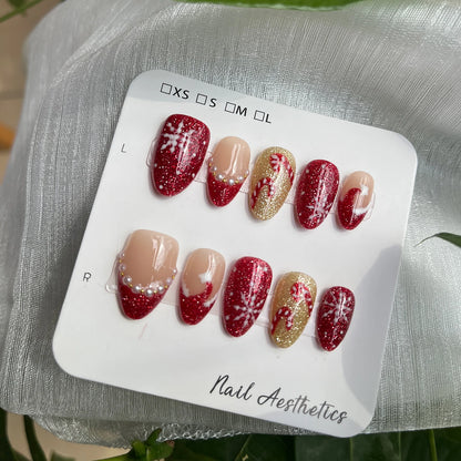Hand Painted Christmas Fake Nails Short Almond Red Glitter Snowflake Candy Cane Pearl French Press On Nails Reusable  10 Pieces