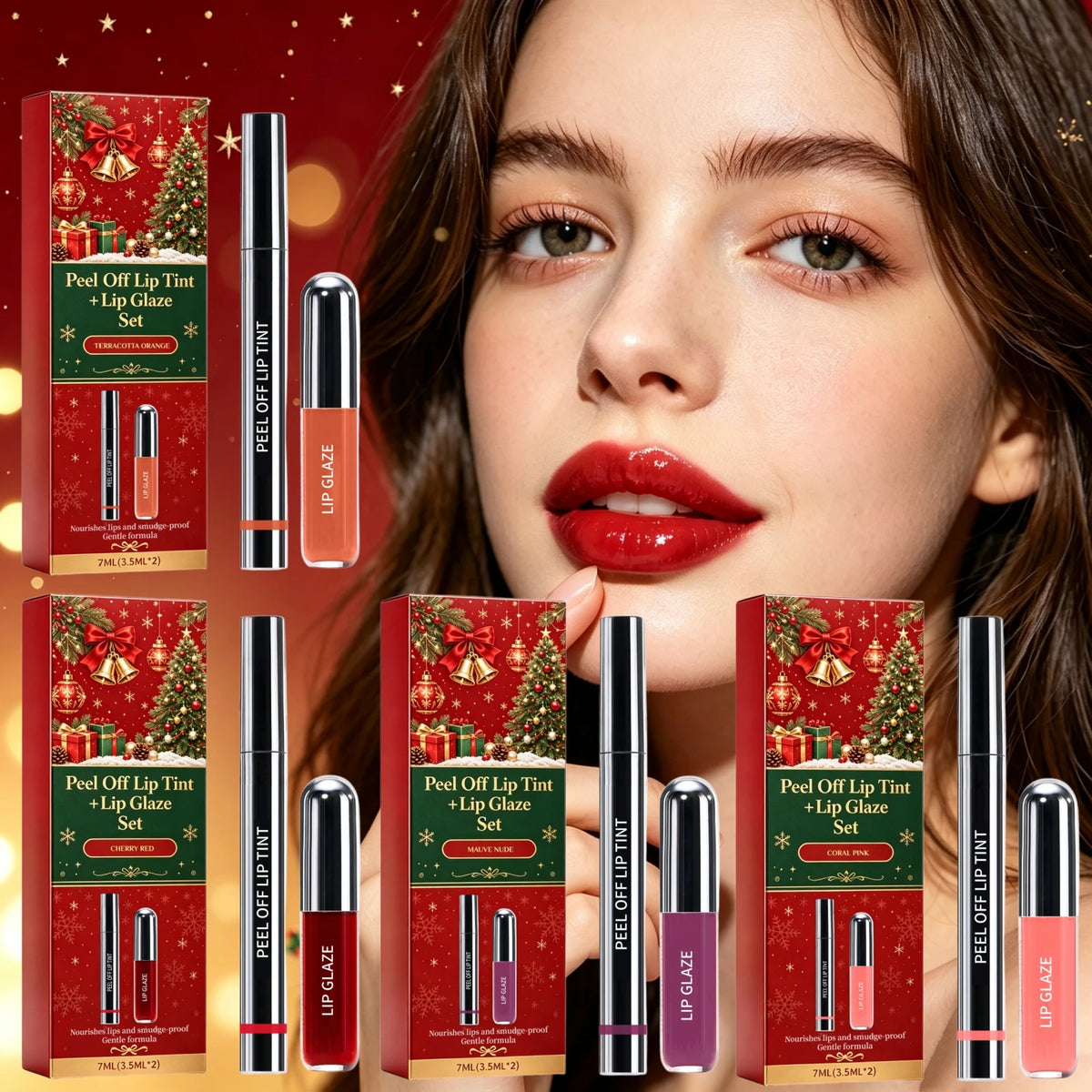 Christmas Peel Off Lip Tint Set Smudge Proof Easy Apply Nourishing Comfortable Wear Festive Long Lasting Lip Stain With Glaze