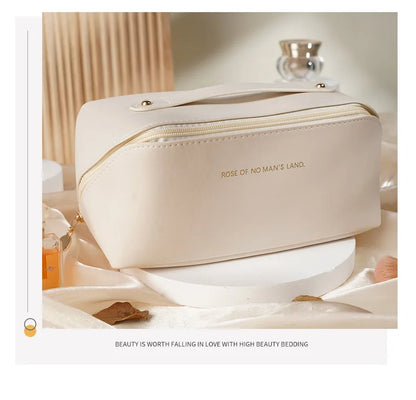 Women Travel Makeup Bag PU Cosmetic Organizer Large Capacity Toiletry Bag Wide Opening Portable Wash Bag