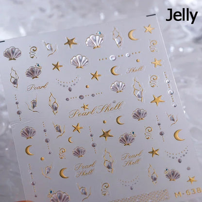 5D Summer Sea Shell Nail Sticker Shiny Embossed Starfish Nails Stickers Summer Beach Wine glass Jellyfish Nail Decals Decoration