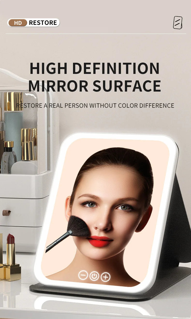 Makeup Mirror LED Dimmable Portable Foldable Design with Touch Screen 3 Colors Light Stepless USB Charging for Beauty Fashion