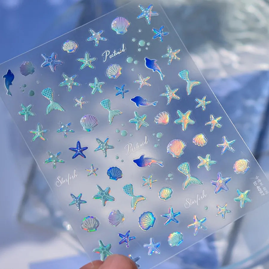5D Summer Sea Shell Nail Sticker Shiny Embossed Starfish Nails Stickers Summer Beach Wine glass Jellyfish Nail Decals Decoration