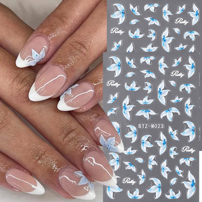 2pcs Hibiscus Flower Nail Art Stickers Blue & White Flowers Charm of Spring Summer Self-Adhesive DIY Decals Manicure Decoration