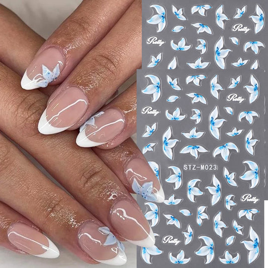 2pcs Hibiscus Flower Nail Art Stickers Blue & White Flowers Charm of Spring Summer Self-Adhesive DIY Decals Manicure Decoration