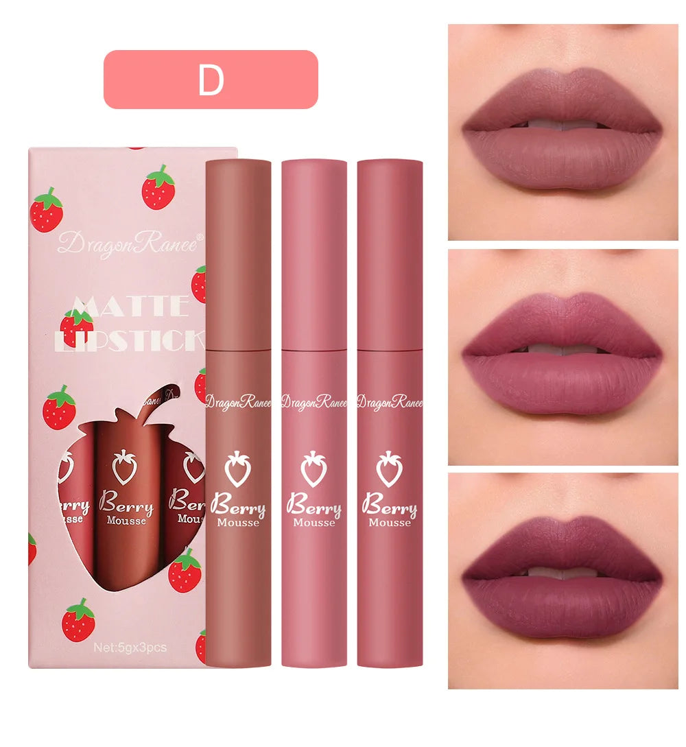 3 PCS Strawberry Velvet Matte Lip Gloss Set Non Stick Lipstick Cute Lip Makeup For Women Long Lasting Hydrating