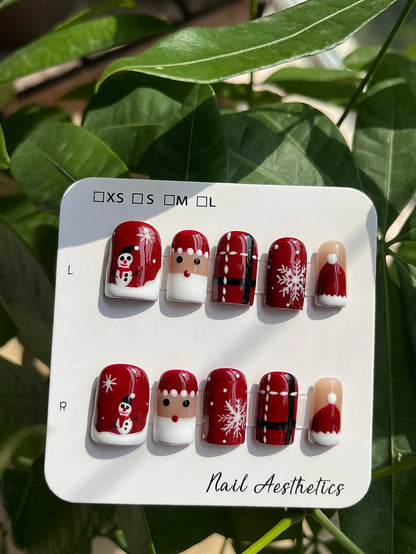 Handmade Short Square Press On Nails Christmas False Nails with Santa Claus Snowman Snowflake Design Reusable 10Pcs Xmas Party