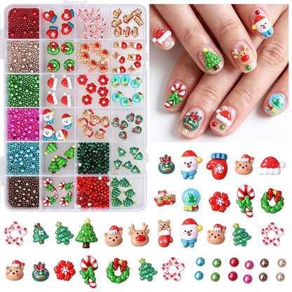 12grid 3D Kawaii Christmas Nail Charms Cute Santa Claus Snowman Bell Stocking Elk Wreath Nail Gems Resin Xmas Manicure Carft D2$