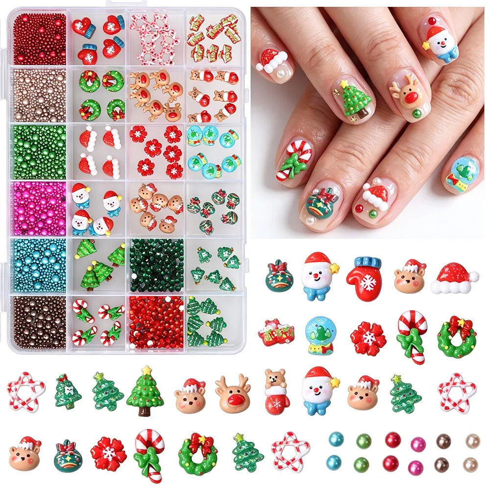 24grid 3D Kawaii Santa Claus/Snowman/Elk/Gloves/Bell/Candy/Christmas Tree Nail Charms Flatback Resin Xmas Winter Nail Rhinestone