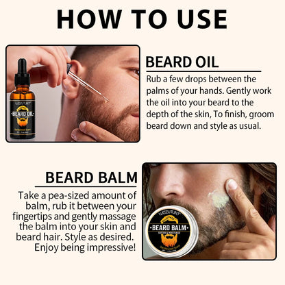 Men Beard Care Kit Beard Oil Balm Moisturizing Nourishing Soften Moustache Growth Strengthen Enhancer Oil with Trim Tool