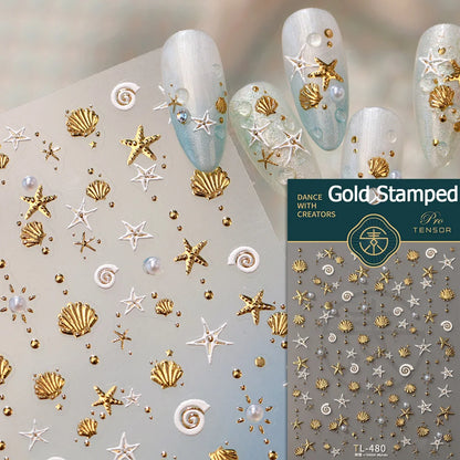 Gold Stamped Shell Conch Scallop Starfish Pearl 5D Embossed Self Adhesive Nail Art Stickers Delicate Ocean Style Manicure Decals