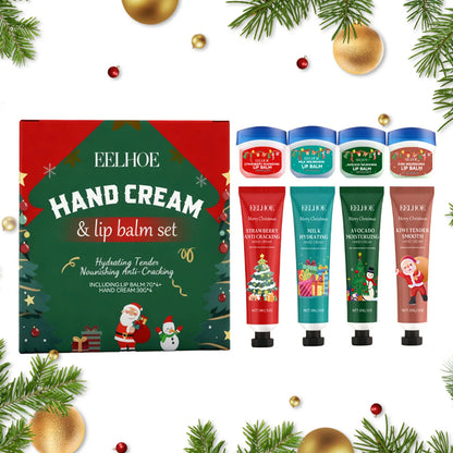 Christmas Hand Cream Lip Balm Set Gift Box Nourishing Moisturizing Anti-dry Cracked Softening Skin Festive Holiday Present