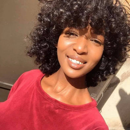 Mongolian Afro Kinky Curly Hunan Hair Wigs With Bangs Full Machine Made Wig 250 Density Remy Brazilian Short Curly Bangs Wig