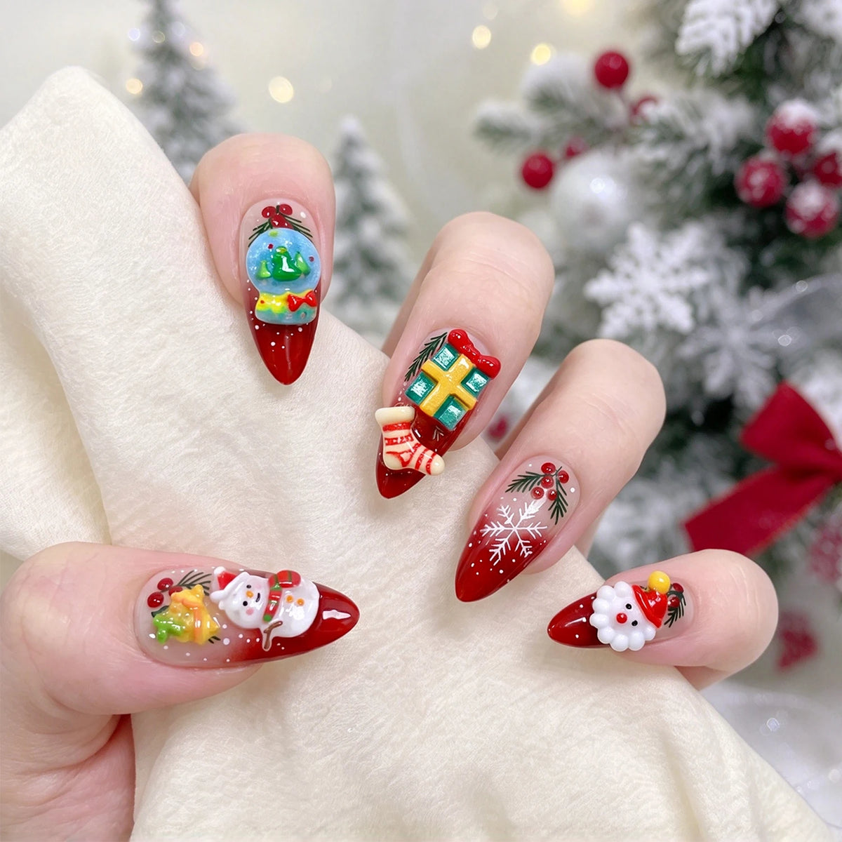 96PC 3D Red Green Medium Almond Christmas Press On Nails Cute Elk/Bell/Snowman/Santa Claus/Xmas Tree Fake Nails Full Cover Nails