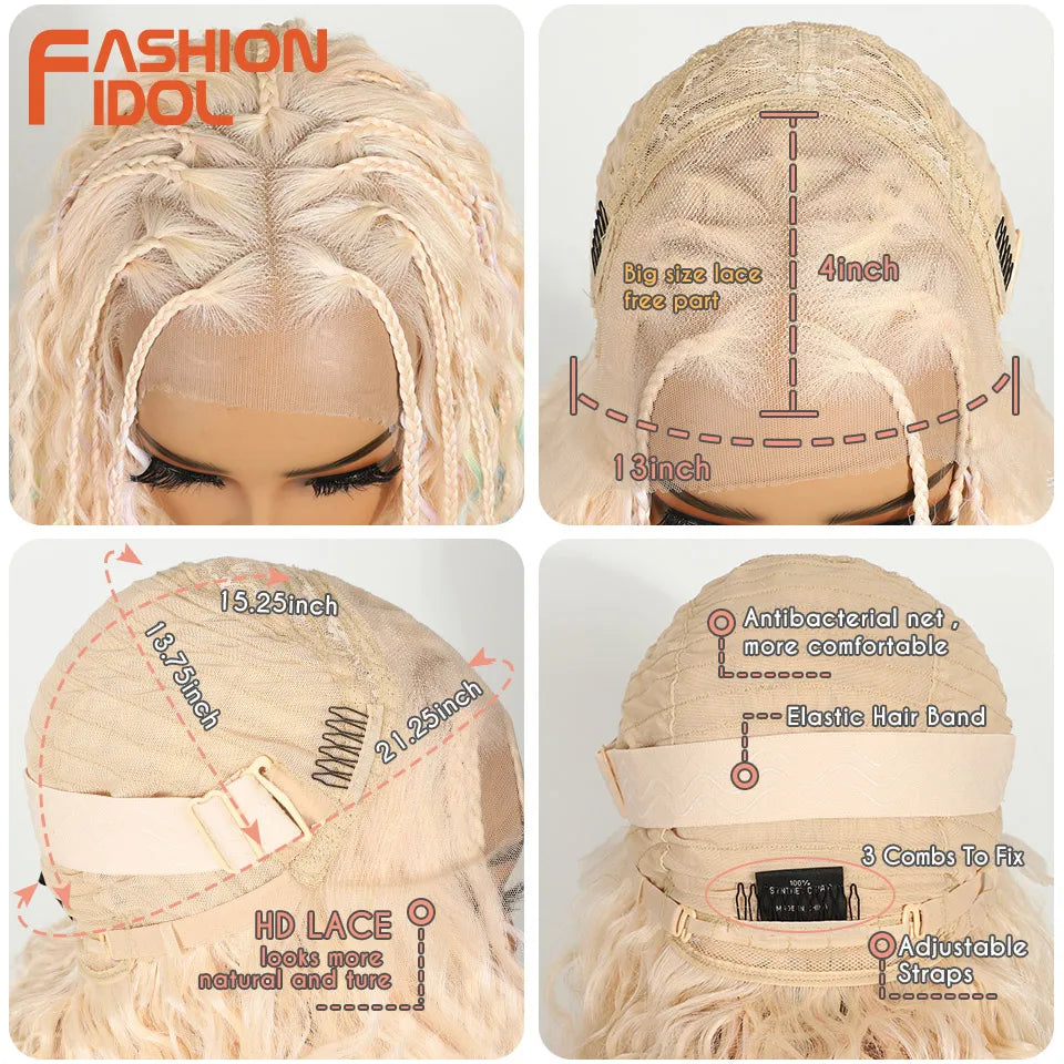 FASHION IDOL 13X4 Twist Box Braided Lace Wigs For Women Synthetic Lace Frontal Wigs Ivory White Faux Locs Goddess Braids Wigs