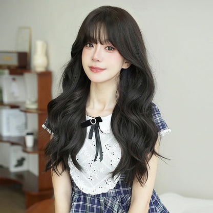 NAMM Costume Wig Synthetic Body Wavy Dark Brown Wig For Women Daily Use High Density Layered Hair Wigs With Fluffy Bangs