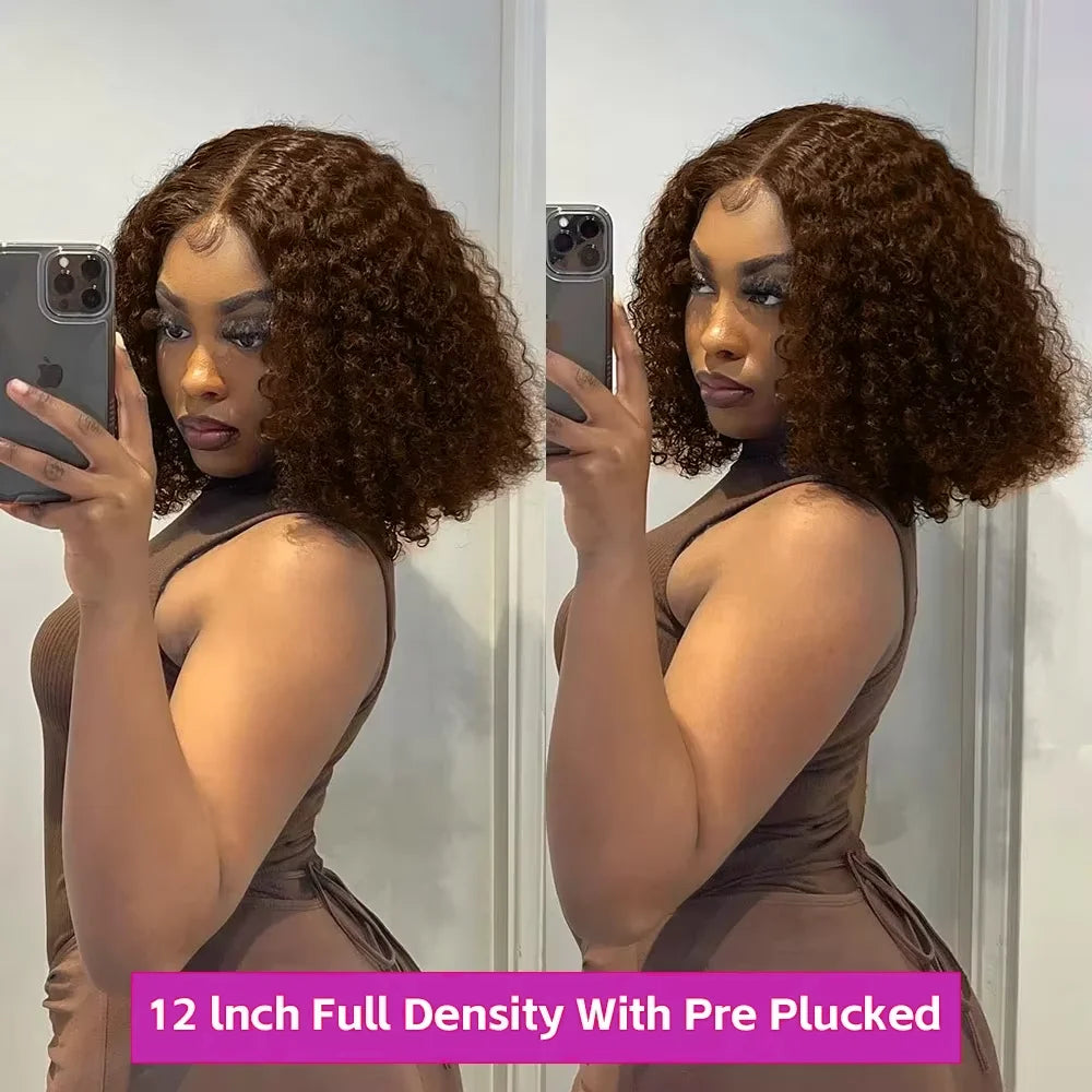 Chocolate Brown 200% Density Deep Curly 13x4 Lace Frontal Bob Wig Water Wavy Human Hair Wigs Pre Plucked Virgin Wet And Hair #4