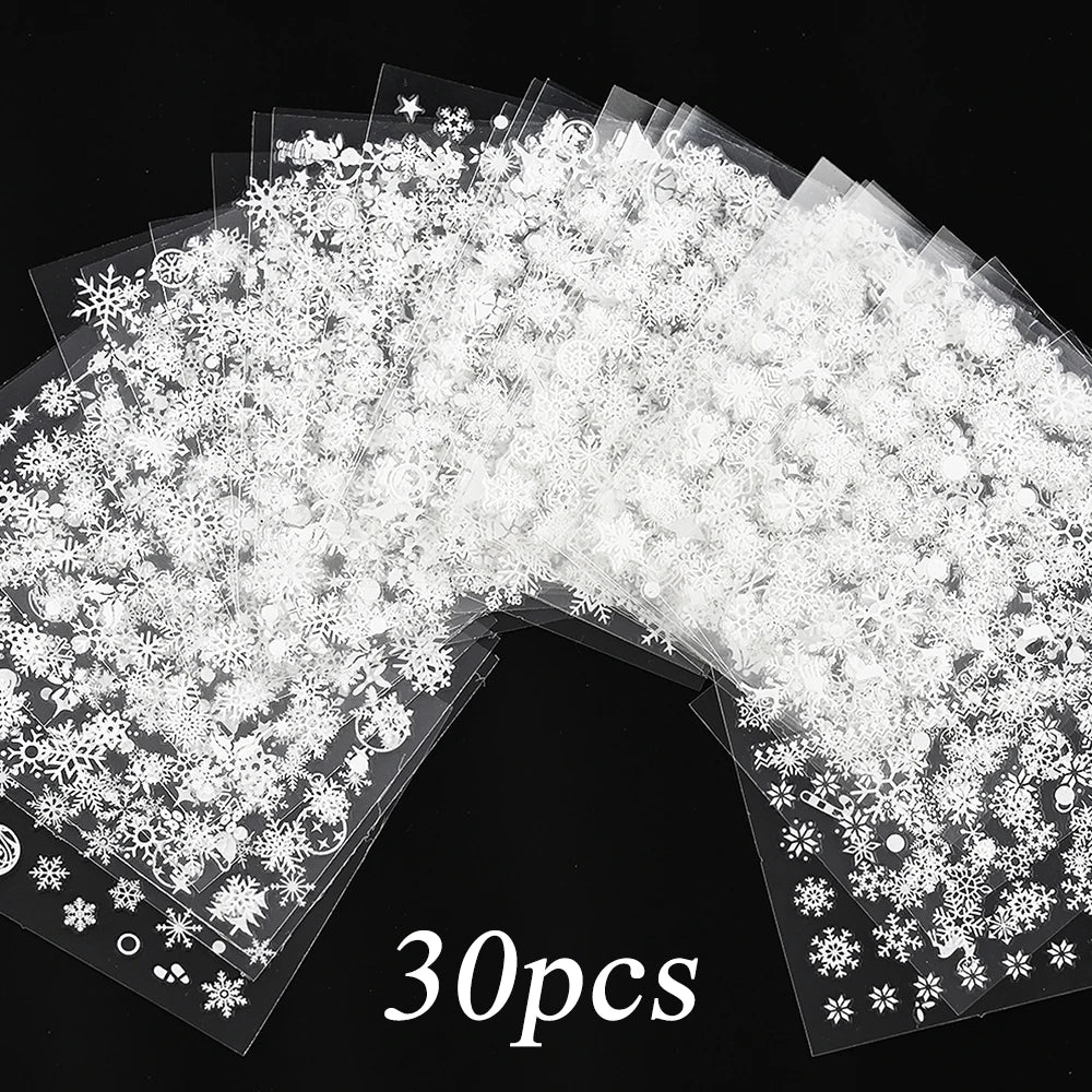 30Sheet/Set Christmas Nail Stickers 3D White Self Adhesive Snowflake Nail Sliders DIY Children New Year Stickers for Nails