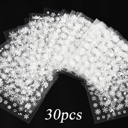 30Sheet/Set Christmas Nail Stickers 3D White Self Adhesive Snowflake Nail Sliders DIY Children New Year Stickers for Nails