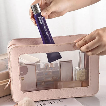LUSQI Minimalist Transparent PVC Waterproof Cosmetic Leather Makeup Bag Travel Portable Toiletry Bag