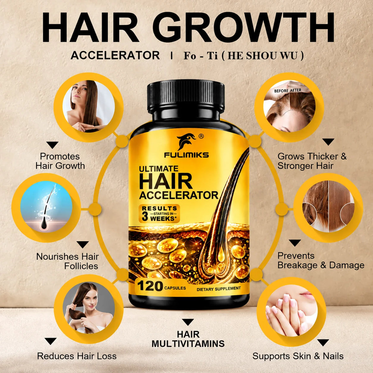 Hair Accelerator Supplement, Support Thicker & Fuller Hair, for Skin & Nails Health, Hair Growth, with Biotin & Marine Collagen
