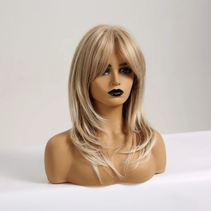 Synthetic Long Blonde Layered Wigs for Women Wig with Bangs Natural Looking Straight High Temperature Hair for Daily Christmas
