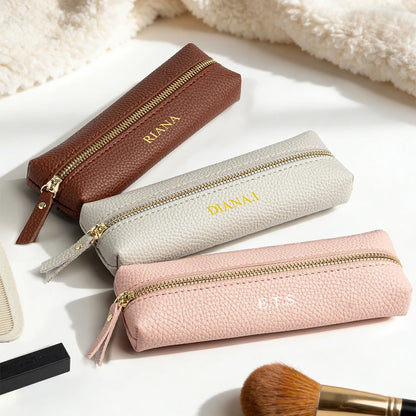 Travel Luxury PU Leather Engrave Name Cosmetic Bag Zipper Fashion Small Make Up Bag Business Pen Pouch Versatile Storage Bags