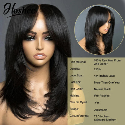 Wear And Go Wig With Layered Bang Glueless Ready To Wear Straight 13x4 Lace Human Hair Wigs For Women 4x4 Lace Closure Wig 250%