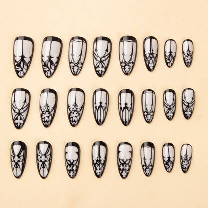24 Pcs Gothic Fake Nails Almond Long Press On Nails White Glossy Reusable False Nail Jelly Tabs Halloween For Girls Stick On