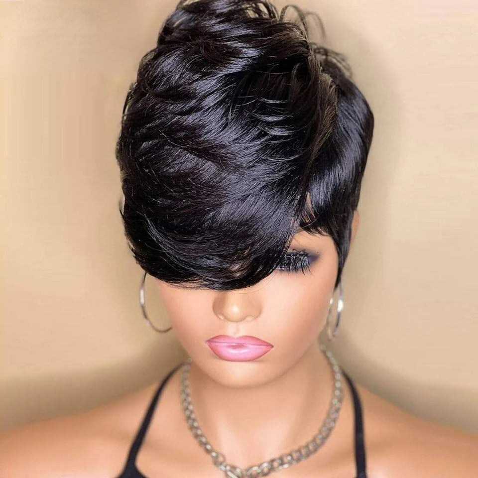 Pixie Cut Wig For Women Human Hair Short Wigs With Bangs Brazilian Real Full Machine Made Layered Wig Hair Replacement Wig