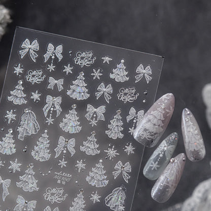 Winter Christmas 5D Nails Sticker White Lace Christmas Tree Bow Snowflake Pattern Self-Adhesive Nail Art Decorations Decals DIY