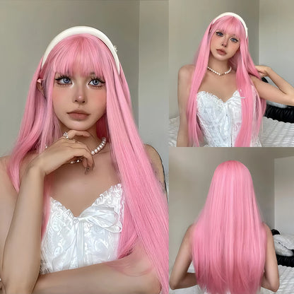 White Long Straight Synthetic Wigs for Women Colorful Cosplay Party Fake Hair with Bangs White Wig HighTemperature