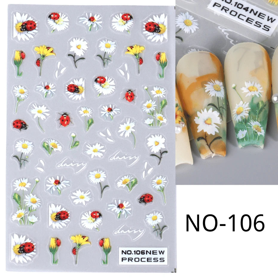 5D Daisy Flower Nail Stickers Cute Bee Blossom Petal Insect Self Adhesive Manicure Decal DIY Spring Summer Nail Art Decoration