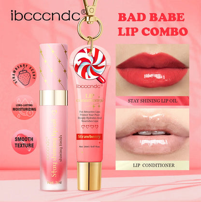 Strawberry Scent Lip Gloss Duo Combo with Keychain Long Lasting Nourish Plumper Lip Cosmetics Christmas Gift