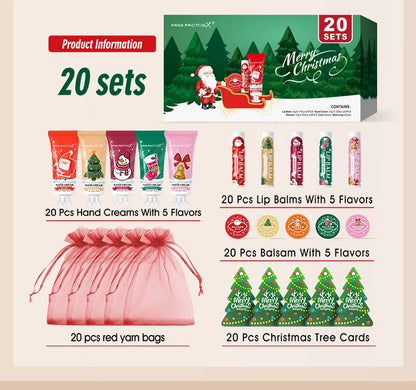 Christmas Assembly Gift Set - 20 Sets, Including Balm, Hand Cream, Lipstick, Red Gauze Bag, Christmas Tree Thank You Card