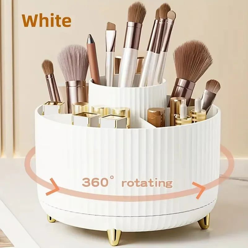 Rotating Makeup Organizer, Cosmetic Display Case with Brush Holder Perfume Tray, Storage Carousel for Vanity Bathroom Countertop