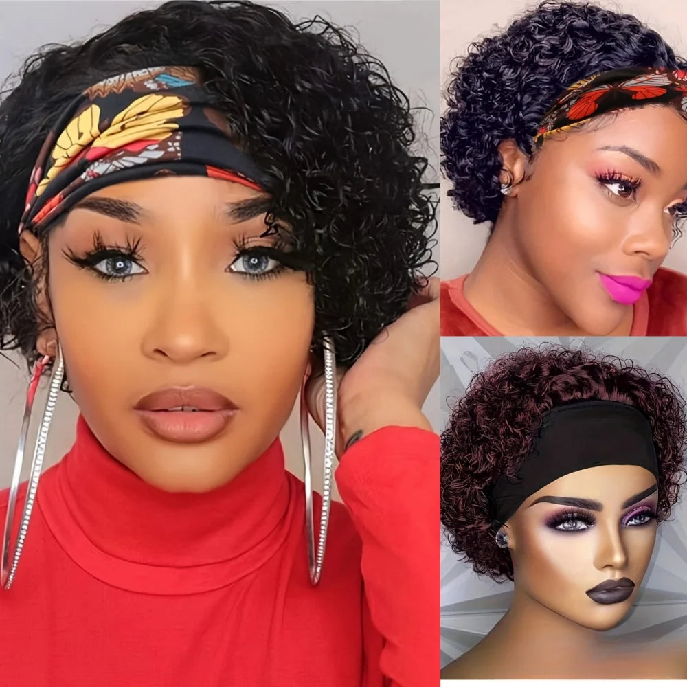 Water Wave Short Curly Pixie Cut Headband Wig for Women Remy Brazilian Human Hair Full Machine Made wig