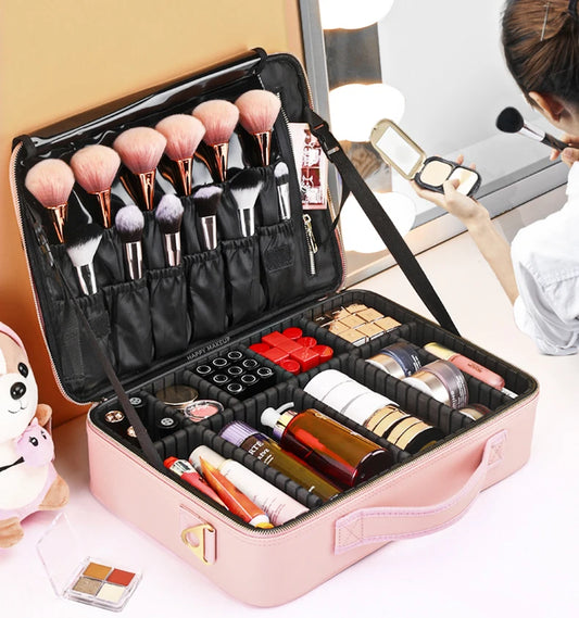Waterproof PU Leather Cosmetic Bag Professional Large Capacity Storage Make Up Handbag Case Travel Toiletry Makeup Bag For Women