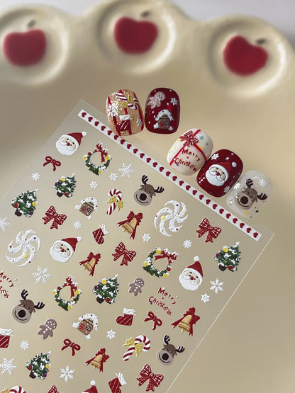 2026 New 5D Embossed Garland/Christmas Tree Nail Stickers White Snowflakes Bow Star Nail Decals Self-Adhesive Xmas Nail Decor