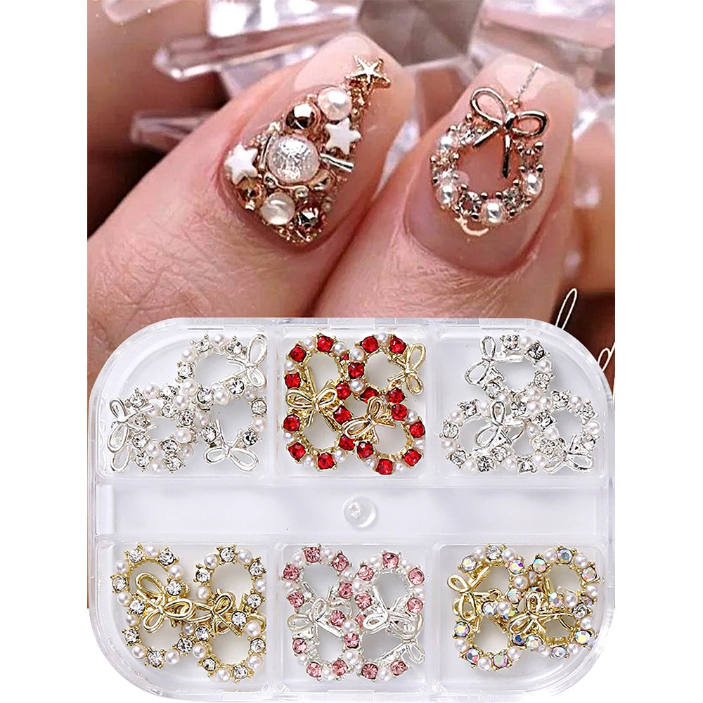 3D Christmas Nail Art Charms; Gold & Silver Bows and Wreaths; Cute Winter Designs for DIY Manicures and Salon Accessories