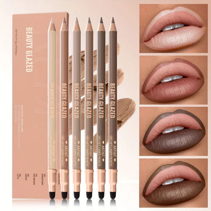 Beauty Glazed 6pcs Matte Nude Sponge Lip Liner Set  Long-Lasting Silky Waterproof Texture Multi-Function Makeup Pens