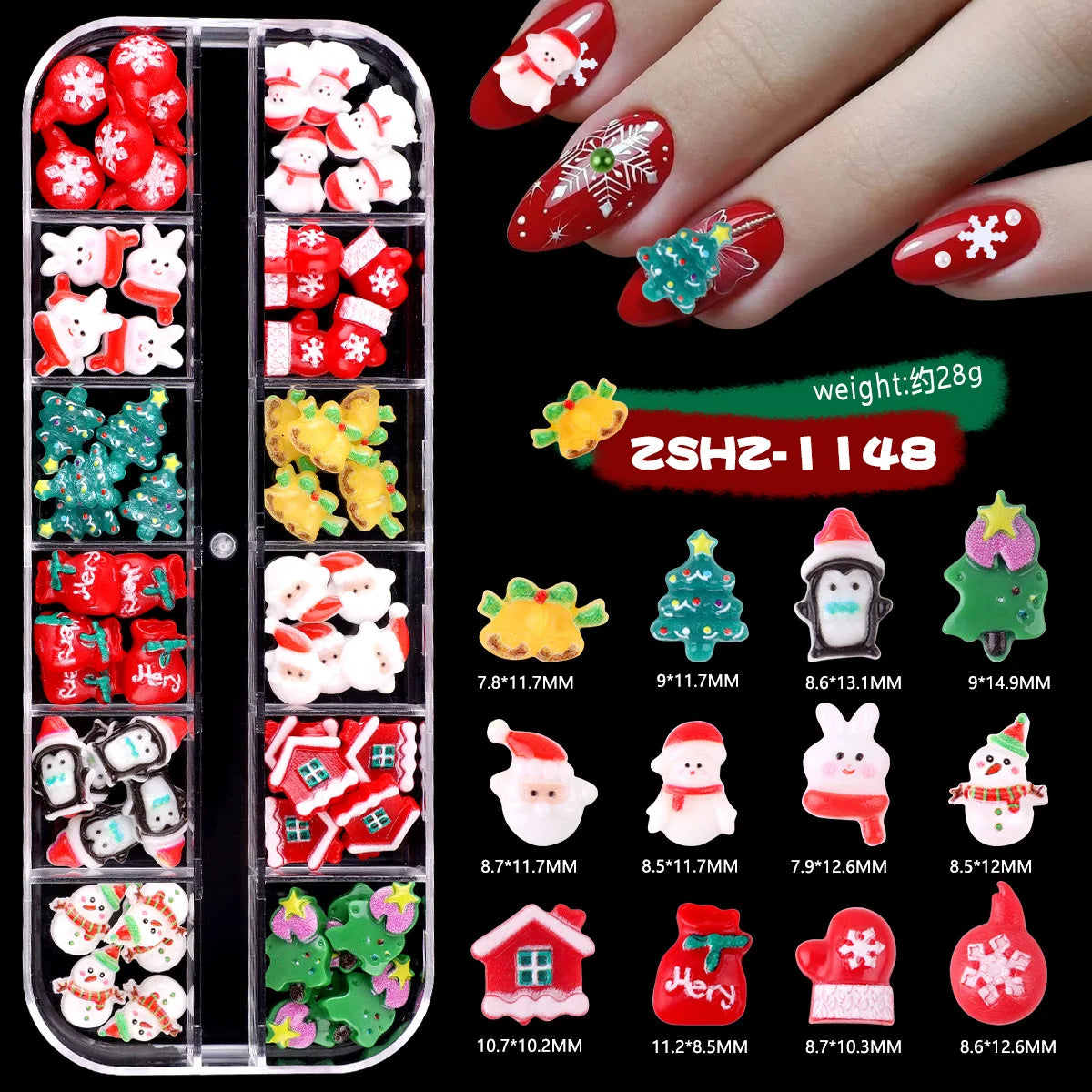 Christmas Theme Nail Art 3D Resin Decor Set, Santa Claus, Colorful Penguins, Snowman, Christmas Tree, Gloves, Bow, Star, 3D Nail