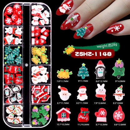 Christmas Theme Nail Art 3D Resin Decor Set, Santa Claus, Colorful Penguins, Snowman, Christmas Tree, Gloves, Bow, Star, 3D Nail