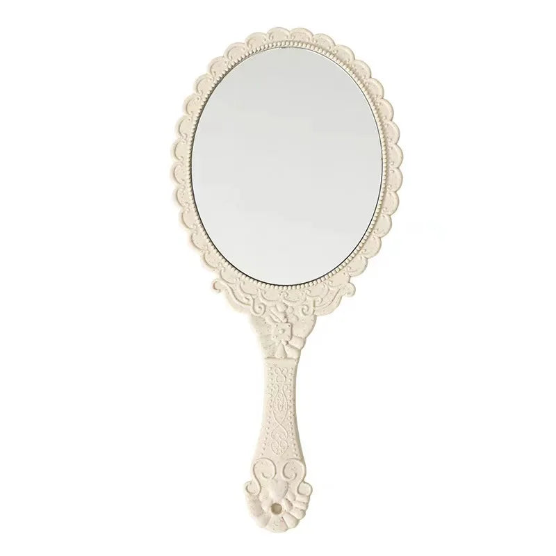 Creative Retro Makeup HD Mirror With Handle Women Bathroom Plastic Patterned Make Up Mirror Portable Handheld Antique Vanity