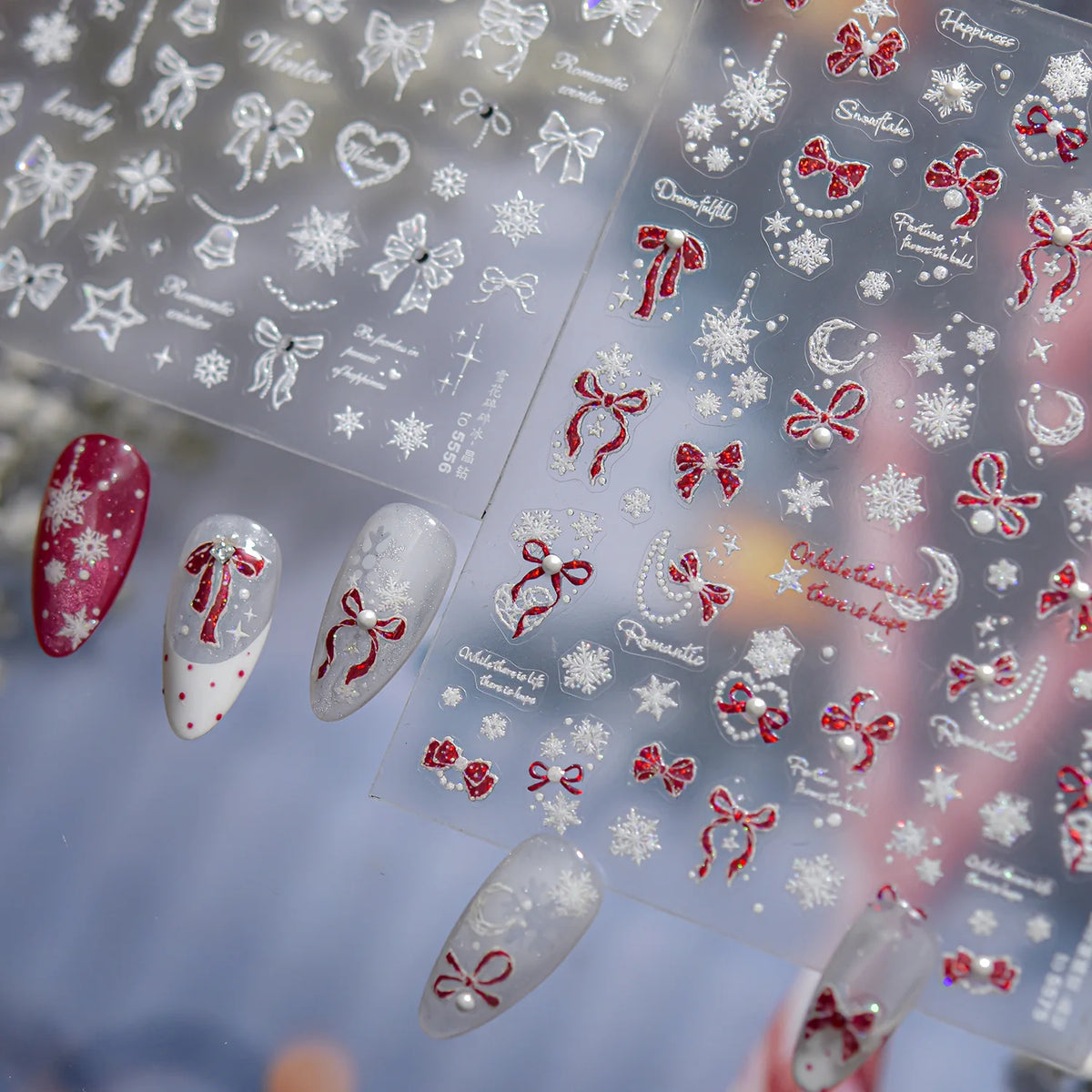 White Snowflake Red Bowknot Nail Art Sticker Adhesive High Quality Winter DIY Nail Art Decal Foil Decoration