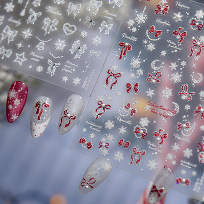 White Snowflake Red Bowknot Nail Art Sticker Adhesive High Quality Winter DIY Nail Art Decal Foil Decoration