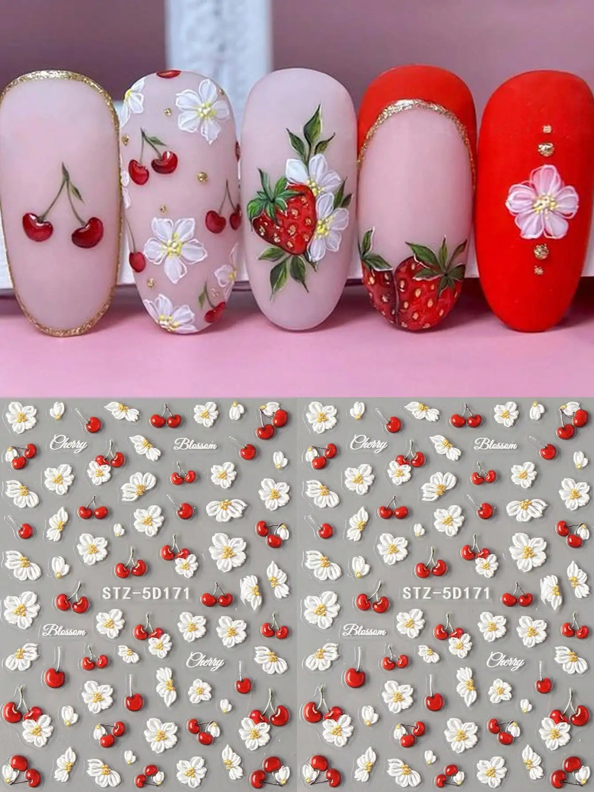 2pcs 5D Embossed Elegant Cherry Fruit Nail Art Stickers, Spring White Flower Self-Adhesive Nail Decals, Wedding Nail Decorations, Nail Art Accessories Nails Nail Supplies