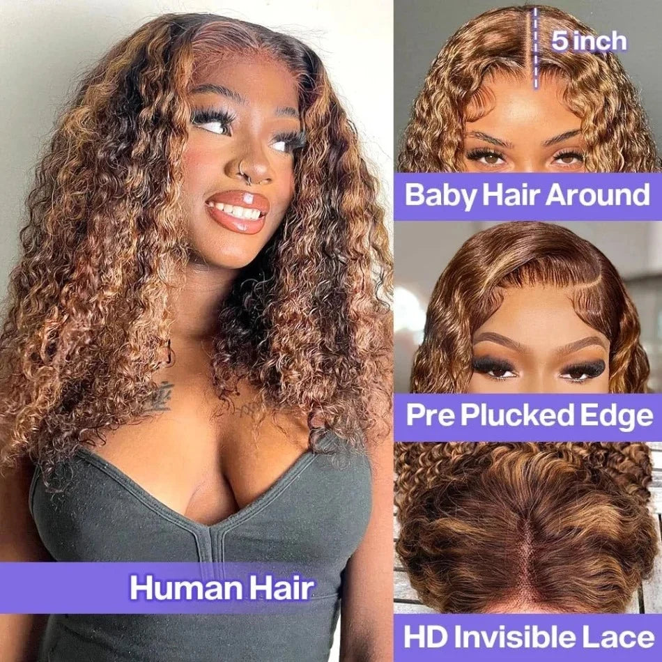 250 Density Highlight Short Bob 100% Human Hair Wigs Water Wave 13x4 HD Lace Front Wigs Ombre Blonde Deep Wave Lace Frontal Wig