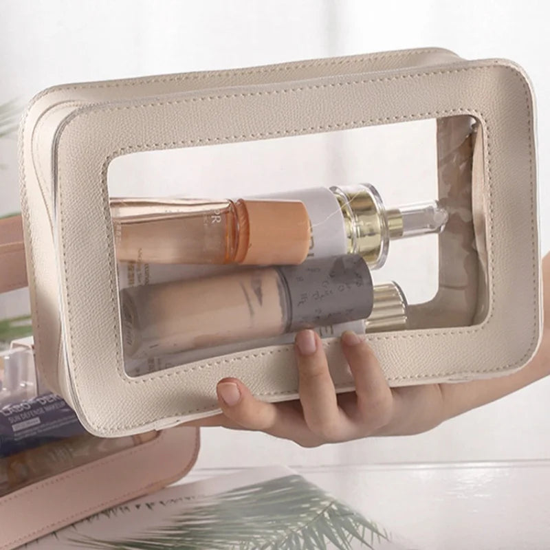 LUSQI Minimalist Transparent PVC Waterproof Cosmetic Leather Makeup Bag Travel Portable Toiletry Bag
