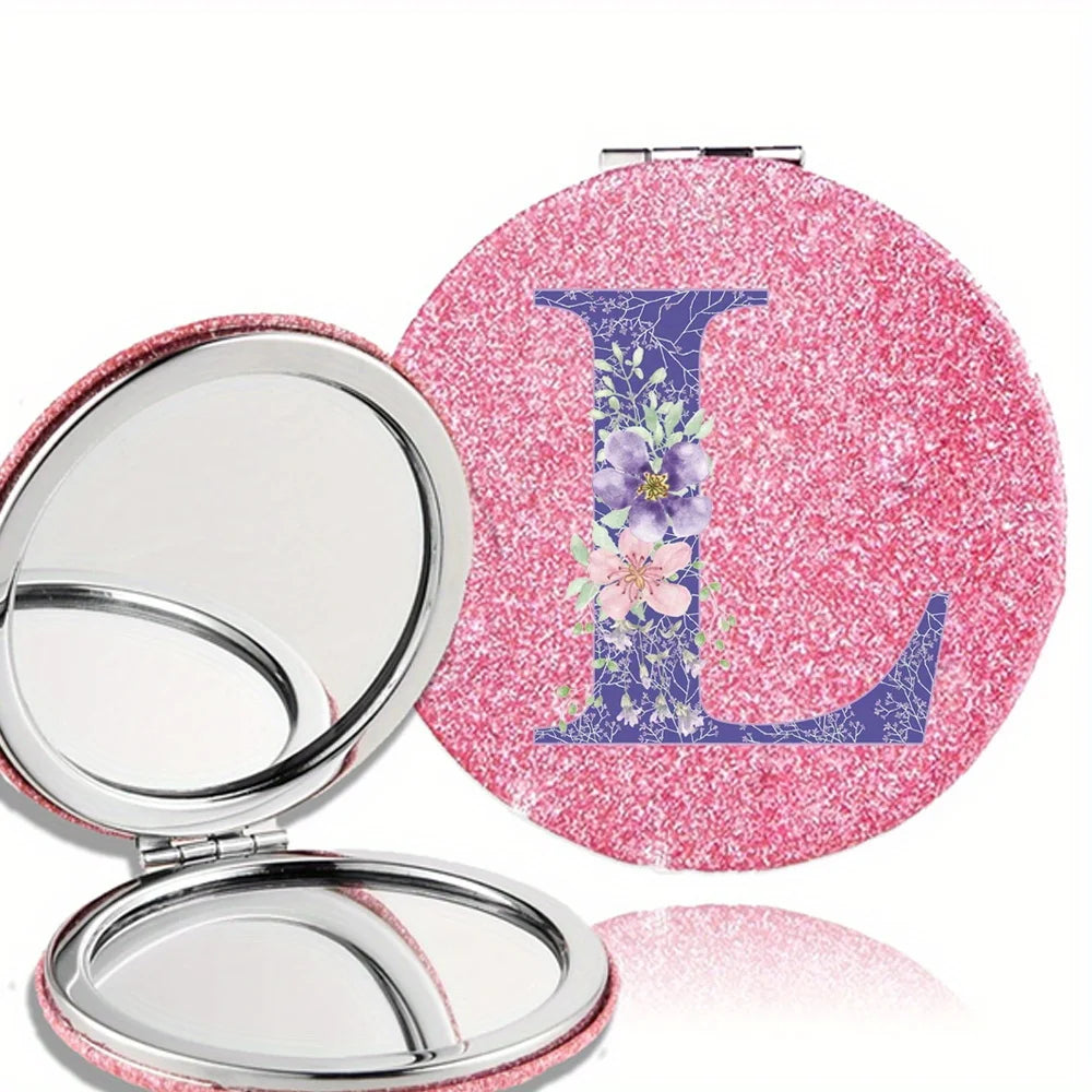 Women Folding Makeup Mirror Facial Beauty Makeup Care Tool Durable PU Surface Waterproof Ideal Party Gift Pink Flower Pattern