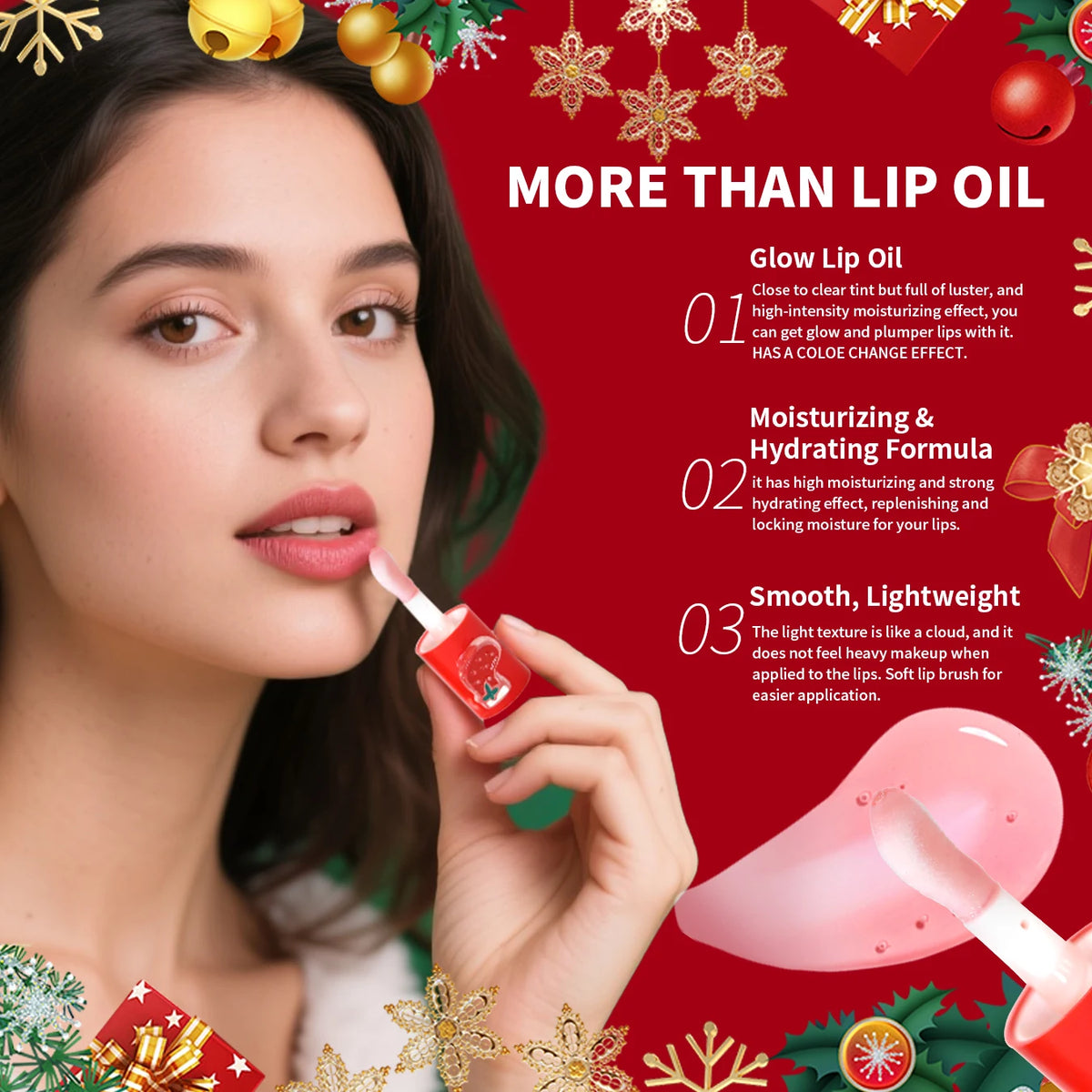 Christmas lip gloss gift box, long-lasting moisturizing and color changing lip oil, high gloss effect lip gloss 5- pieces